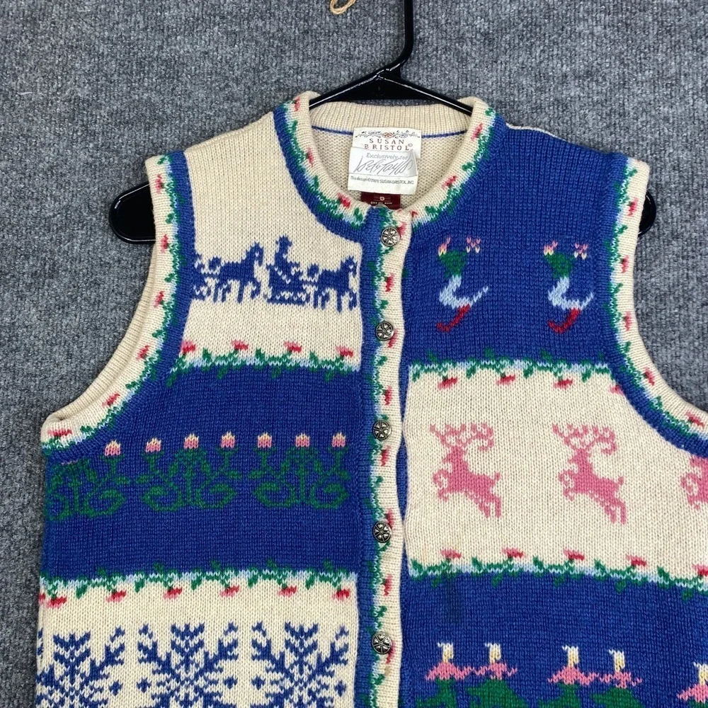 Susan Bristol Vintage 1989 Shetland Wool Sweater Vest Blue Winter Intarsia Small